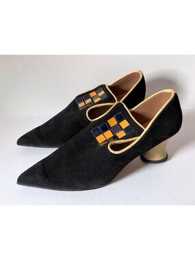 John Fluevog Jewel Black Suede Pointy Toe Vintage 1980s Pumps Size UK 8 Rare